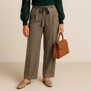 Zara Womens Wide Leg Belted Trousers Size Small Brown Pinstripe Officewear Pants